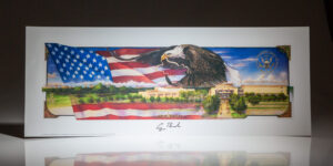 Benjamin Knox Eagle Print of the George Bush Presidential Library, signed by President George H.W. Bush.