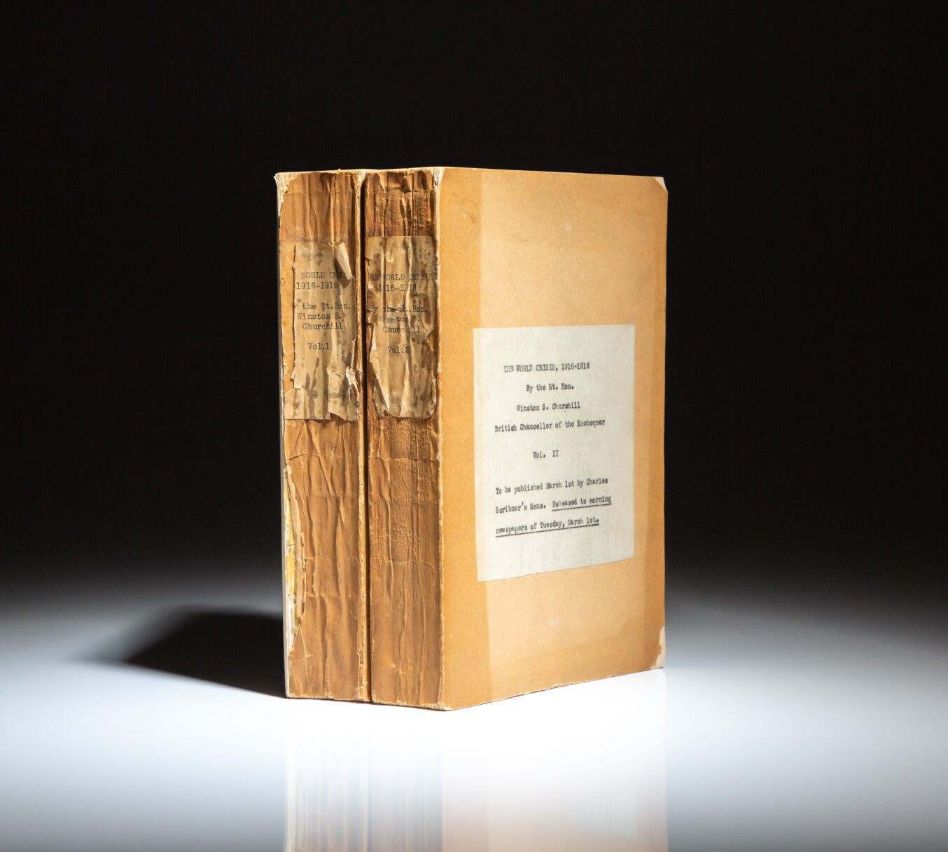Advance Reading Copies of the first American edition of The World Crisis by Winston S. Churchill, published by Charles Scribner's Sons. In two volumes.
