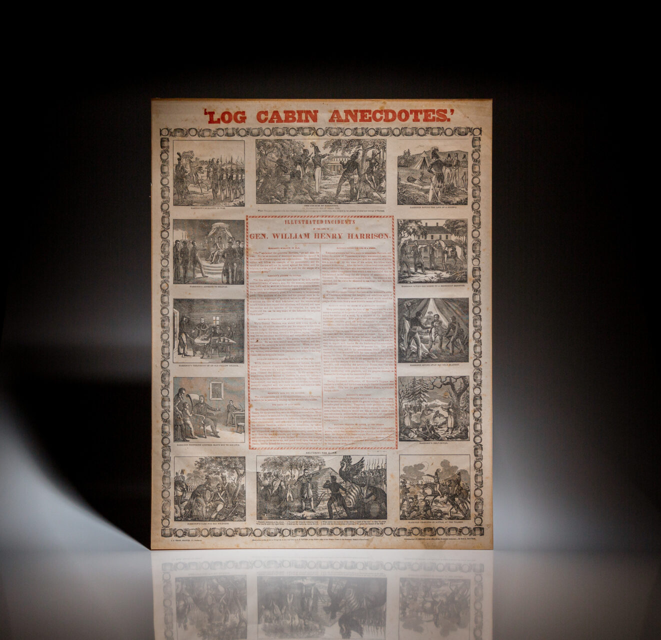 Log Cabin Anecdotes, a campaign broadside promoting Whig Party presidential candidate William Henry Harrison, during the election of 1840.