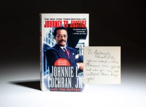 First edition of Journey to Justice by lawyer and civil rights activist Johnnie Cochran, inscribed to U.S. Ambassador Edward J. Perkins.