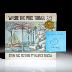 Early edition of Where the Wild Things Are by Maurice Sendak, signed by the author with a "Wild Thing" illustration.