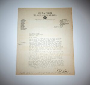 Letter from Ted Horn, the legendary American racecar driver, Indianapolis 500 Champion and member of the prestigious 100 Mile-An-Hour Club.