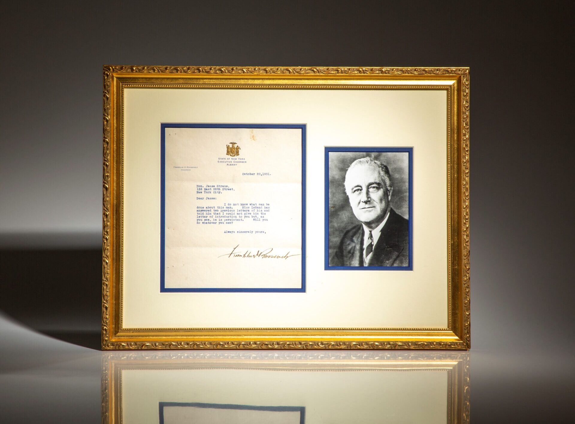 Typed letter from New York Governor Franklin D. Roosevelt to his close political ally, Jesse Straus. Letter is dated October 20, 1931.