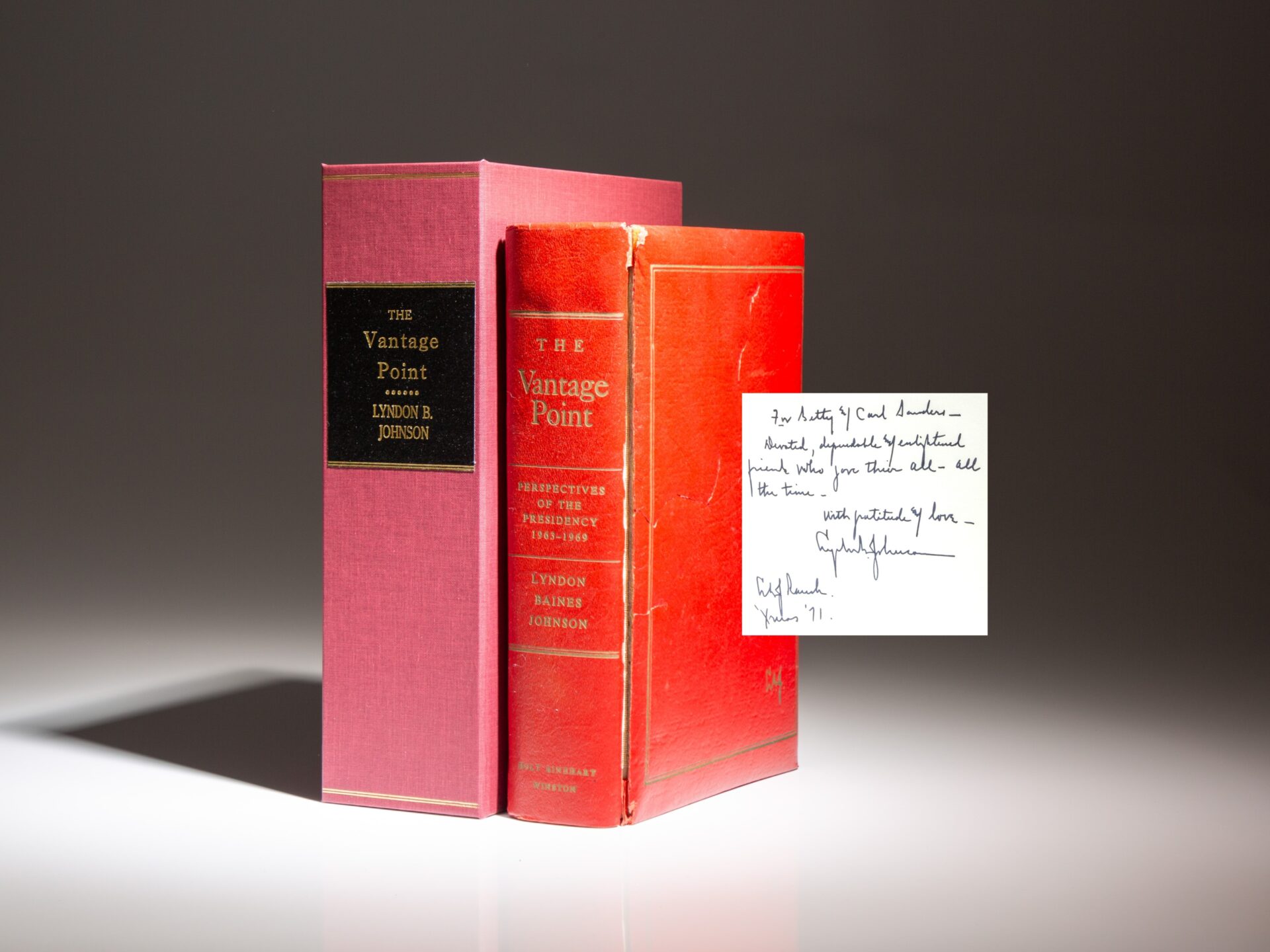 Signed limited edition copy of The Vantage Point by President Lyndon Johnson, with an additional inscription to Gov. Carl E. Sanders of Georgia.