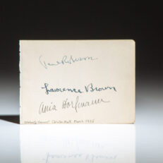 Signed by performers Paul Robeson, Lawrence Brown, and Ania Dorfmann, a leaflet from the International Celebrity Subscription Concert Series program.