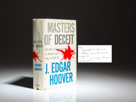 First edition, first printing of Masters of Deceit, inscribed by FBI Director J. Edgar Hoover.