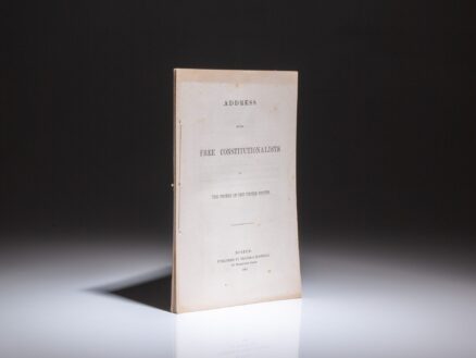 The first edition of an Address of the Free Constitutionalists to the People of the United States, published in 1860 by Lysander Spooner. An attack on the major political parties during the 1860 election, following the Dred Scott decision.