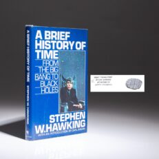 A Brief History of Time by Stephen Hawking, with his thumbprint on the title page and an annotation by his long-time personal assistant, Judith Croasdell.