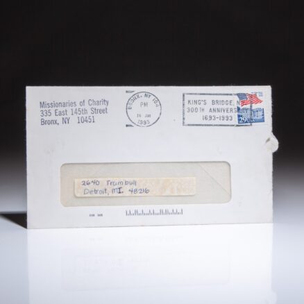 Signed letter from Mother Teresa regarding the Yugoslav Wars in 1993. Typed letter on Mission of Charity stationery to the Catholic Worker House of Detroit, Michigan.