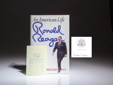 First edition of An American Life, the autobiography of President Ronald Reagan, signed on the Reagan Library bookplate.