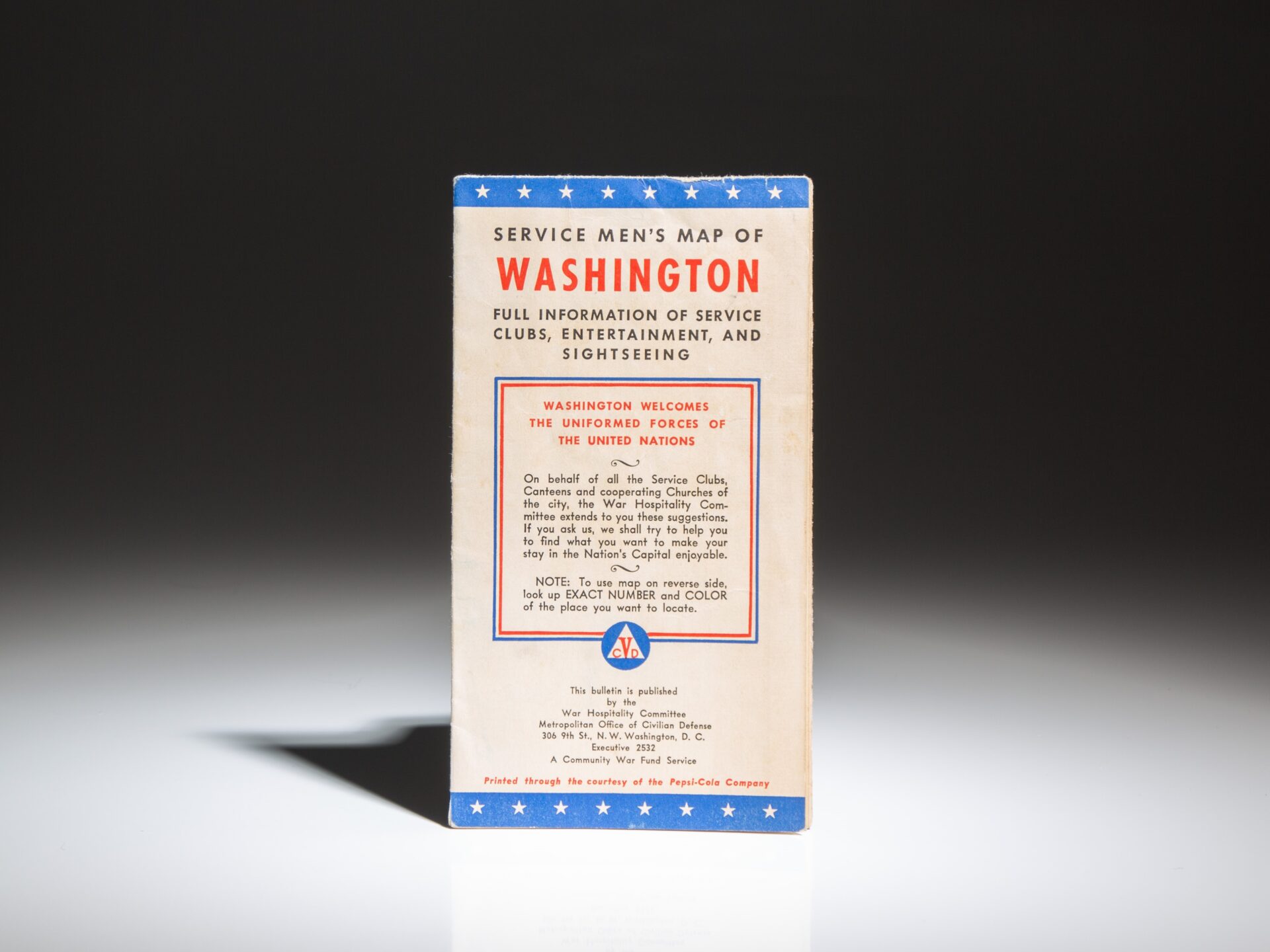 Service Men's Map of Washington from the War Hospitality Committee, being a guide for military personnel visiting Washington DC during World War II.