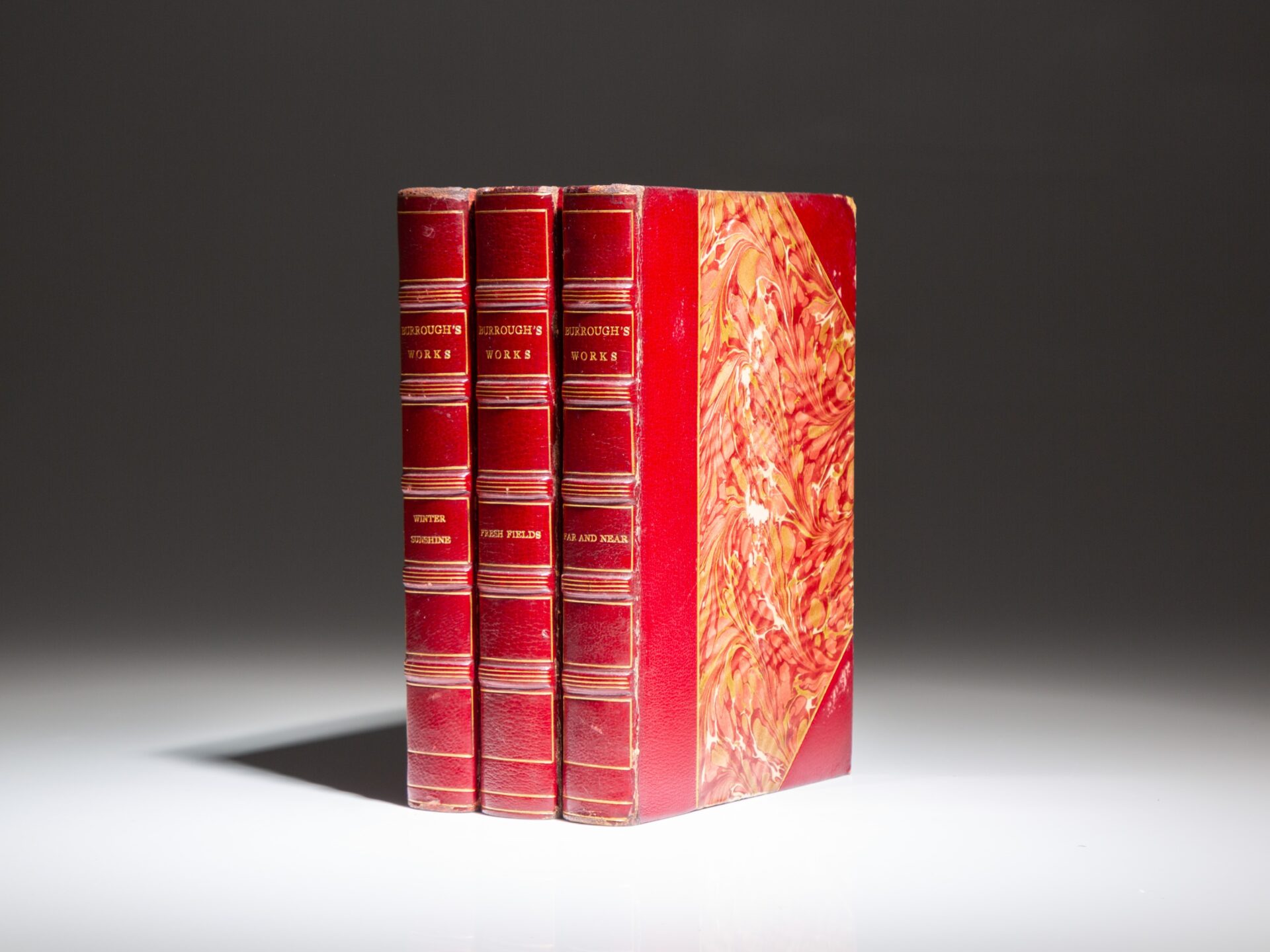 Three works by John Burroughs, uniformly bound. This collection features Fresh Fields (1895) Winter Sunshine (1903), and Far and Near (1904).