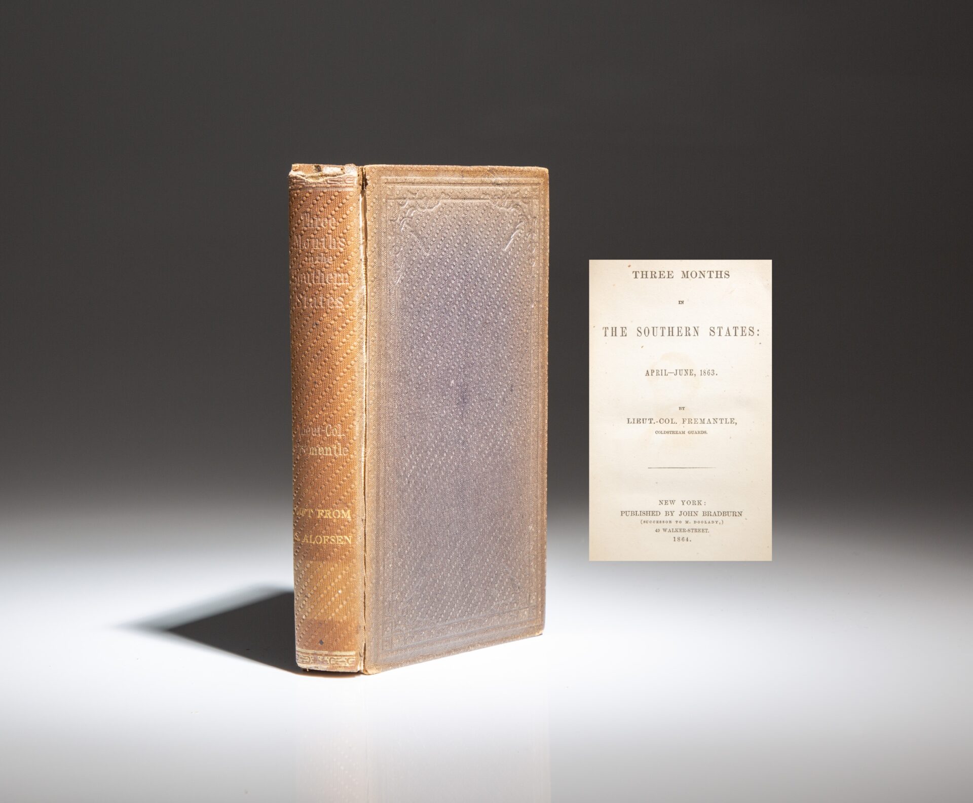 The first American edition of Three Months In The Southern States by Lieut. Col. Arthur James Fremantle, published in New York in 1864.