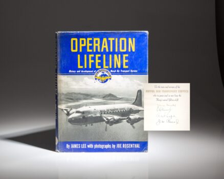The first edition of Operation Lifeline: History and Development of the Naval Air Transport Service, signed by Forrestal, Nimitz, Radford, and Reeves on the limitation page.