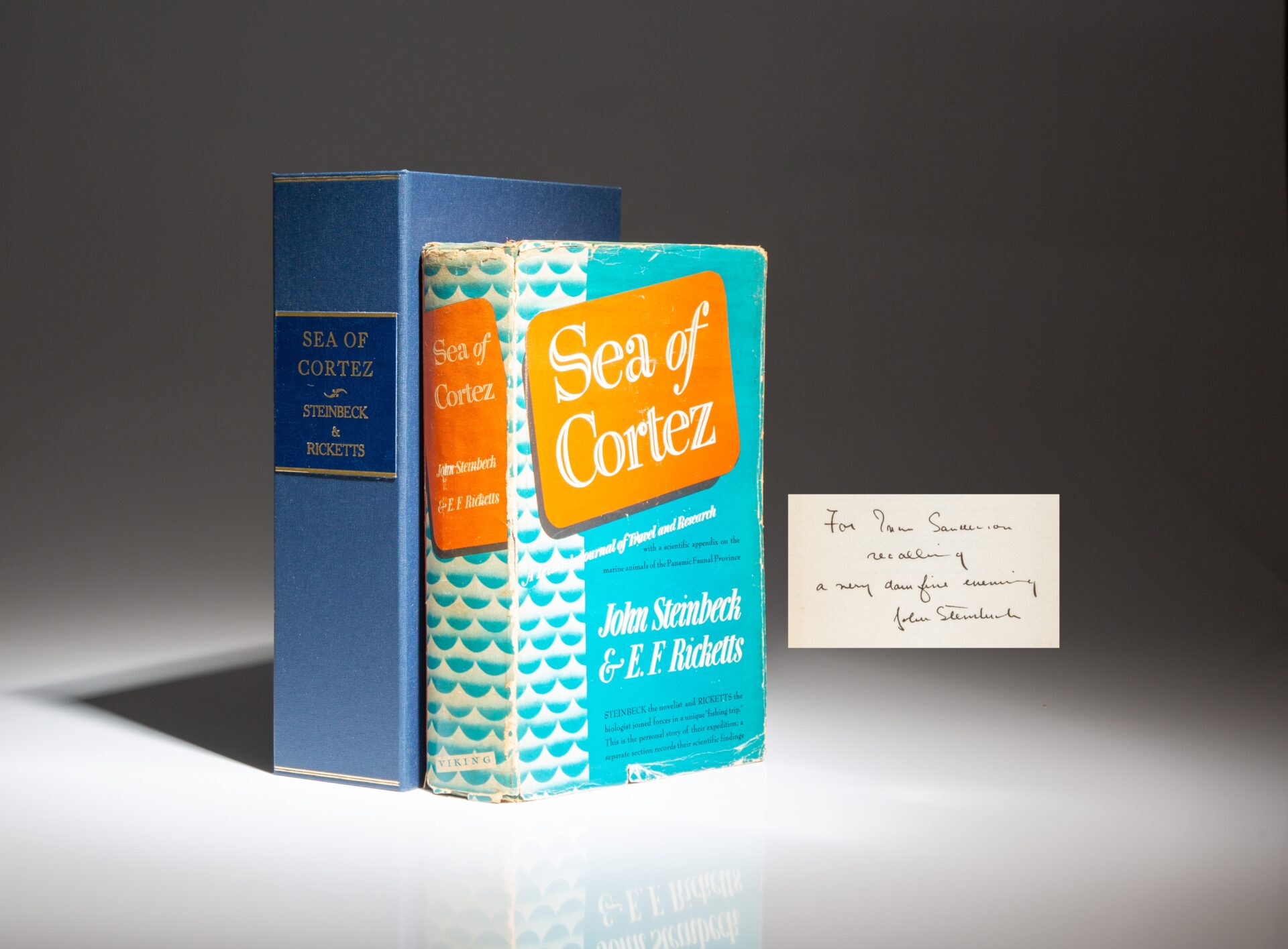 First edition, first printing of Sea of Cortez by John Steinbeck and Edward F. Ricketts, inscribed to fellow oceanographer Ivan Sanderson.