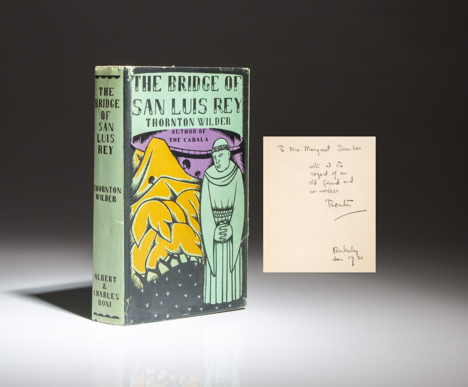 Signed first American edition of The Bridge of San Luis Rey by Thornton Wilder. This copy is inscribed to a lifelong friend of Wilder, with two additional ALS laid-in.