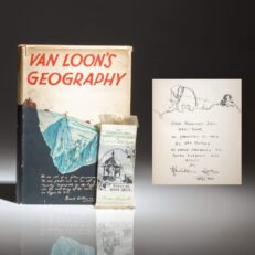 The first edition of Van Loon's Geography by Hendrik Van Loon, inscribed to Anna Roosevelt, at the suggestion of her mother, Eleanor Roosevelt.