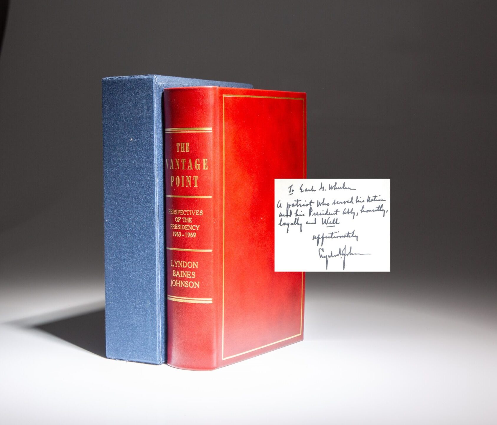 Signed limited edition copy of The Vantage Point by President Lyndon Johnson, inscribed to Chairman of the Joint Chiefs, Earle Wheeler.