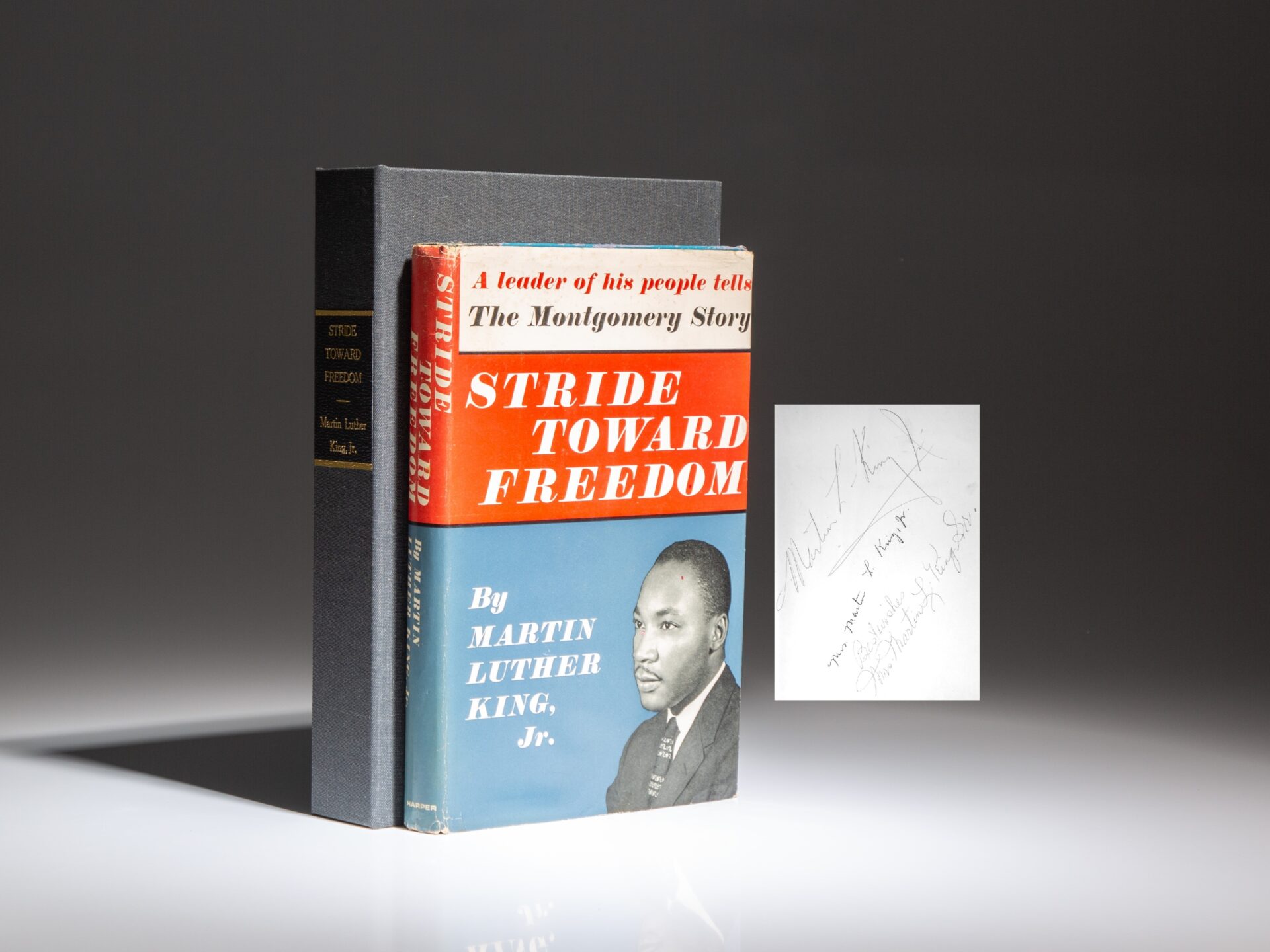 Signed first edition of Stride Toward Freedom: The Montgomery Story by Martin Luther King, Jr., signed by Martin Luther King Jr., his wife, Coretta Scott King and his mother, Alberta Williams King.