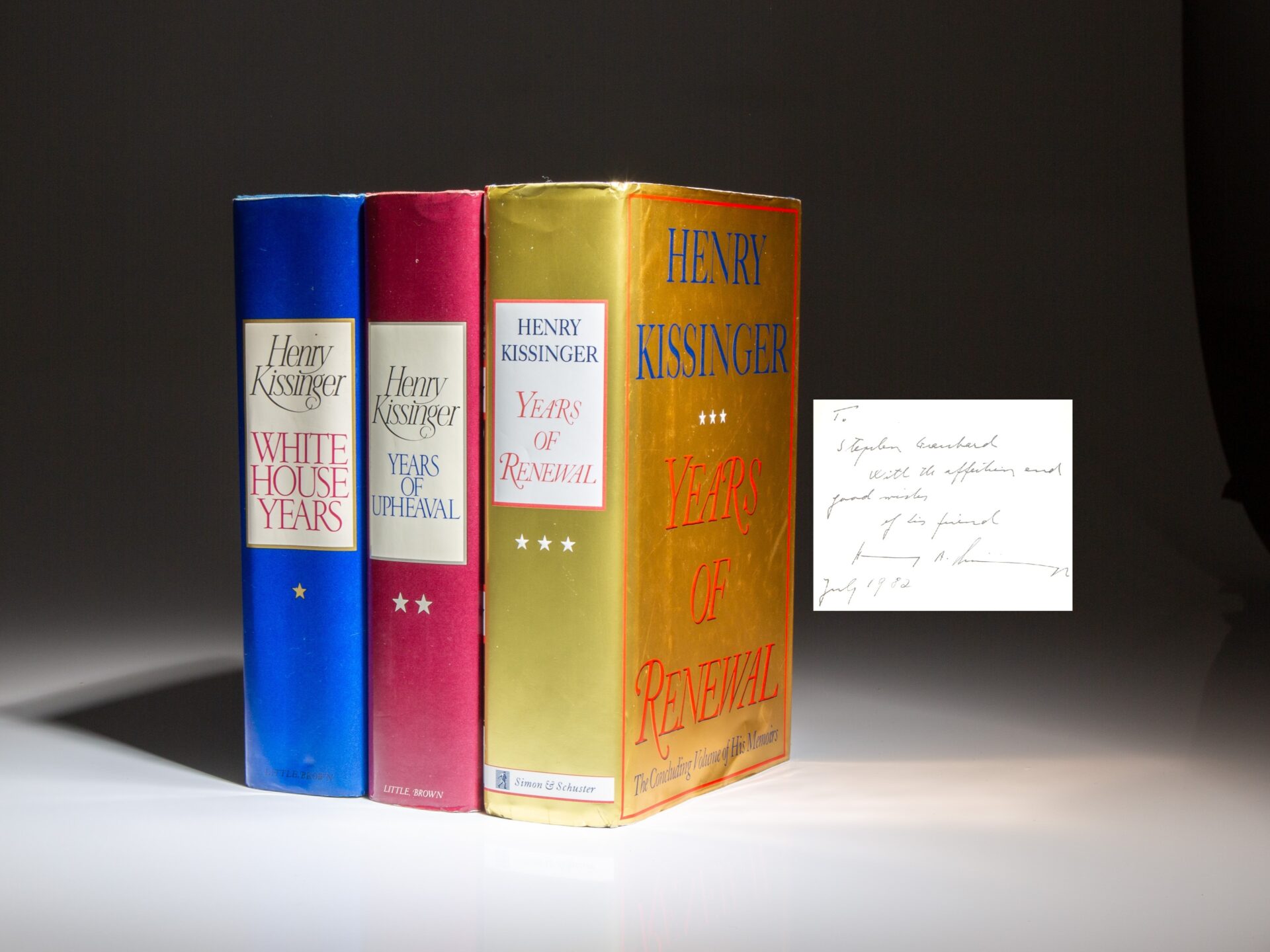 The Memoirs of Henry Kissinger, all first printings, inscribed to his lifelong friend, biographer, and Harvard classmate, Stephen R. Graubard.