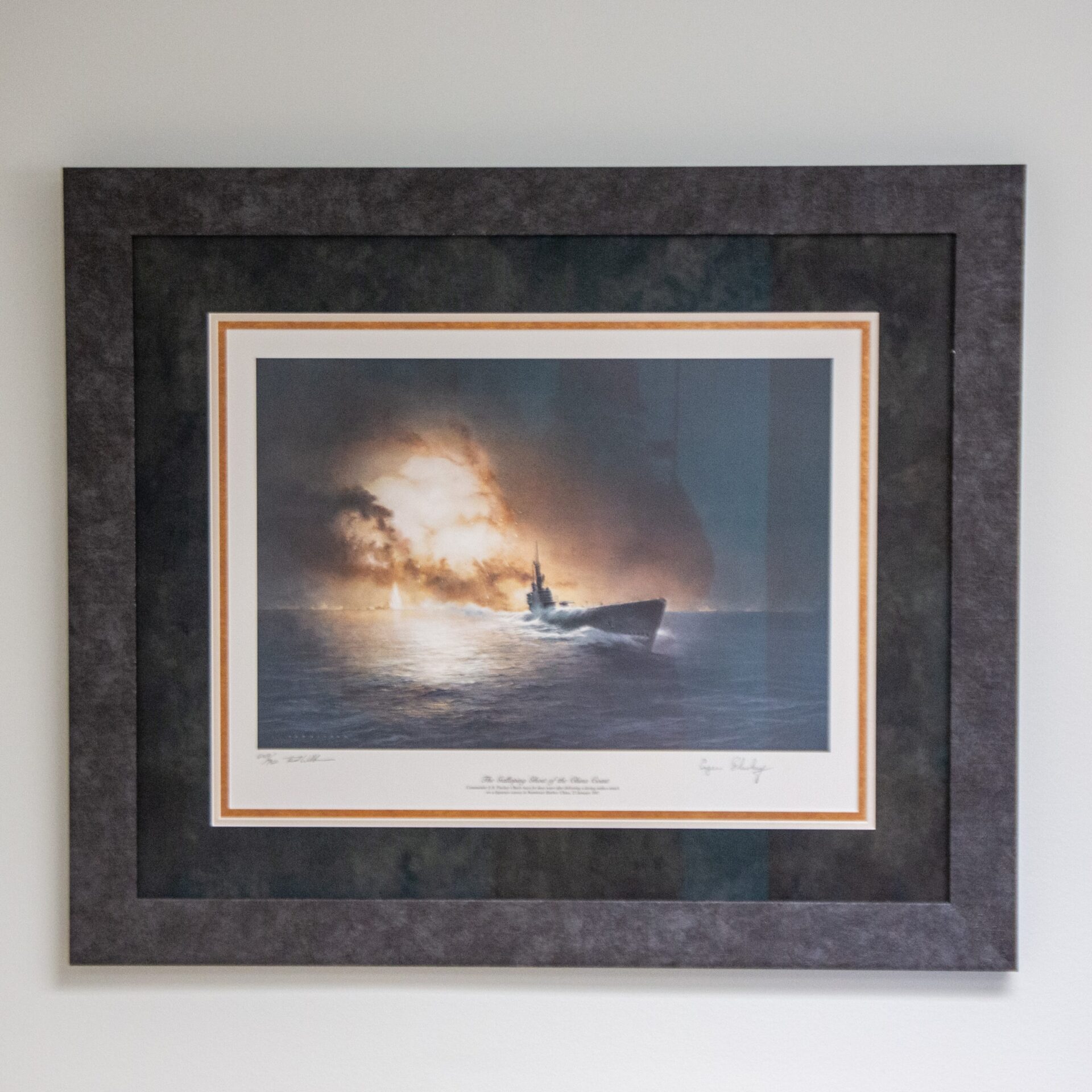 The limited edition of "The Galloping Ghost of The China Sea" by Ted Wilbur, from a limited edition of 750 prints, individually numbered and signed by the artist. Additional signature of Rear Admiral Eugene B. Fluckey on the matte.