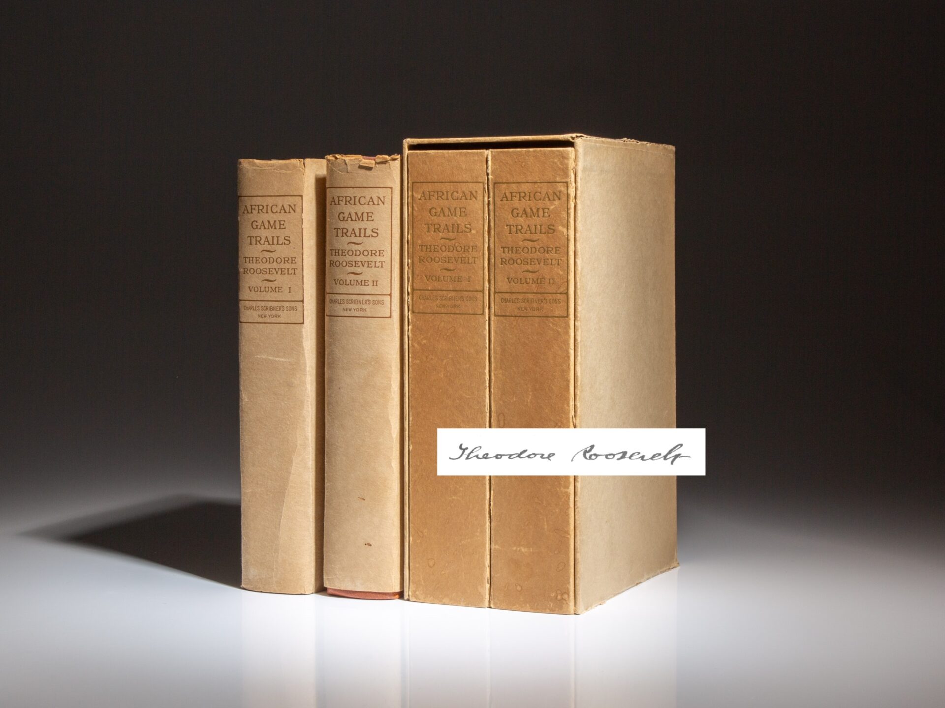 Signed limited edition of African Game Trails by Theodore Roosevelt, in the publisher's slipcase, dust jacket and card sleeves.