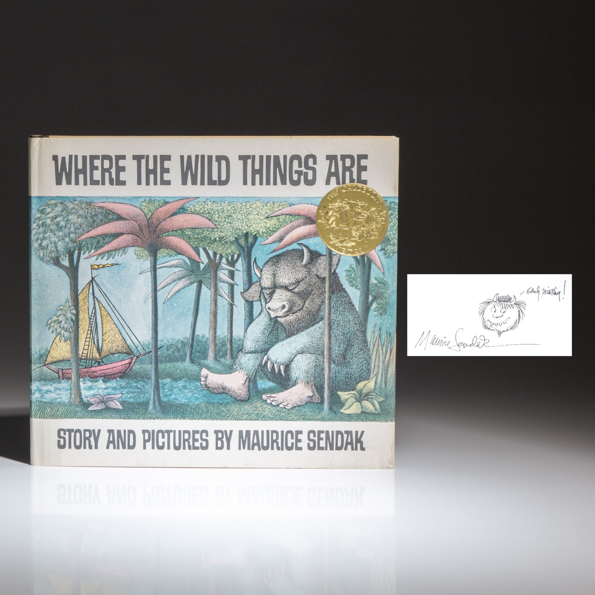 First edition, first printing of Where The Wild Things Are by Maurice Sendak, in a second issue dust jacket. With a drawing and inscription by Sendak.