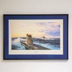 The limited edition of "Atlantic Wolves" by Robert Taylor, from a limited edition of 1000 prints, individually numbered and signed by the artist. Additional signatures of U-boat Commanders Reinhard Hardegen, Peter-Erich Cremer, and two others on the matte.