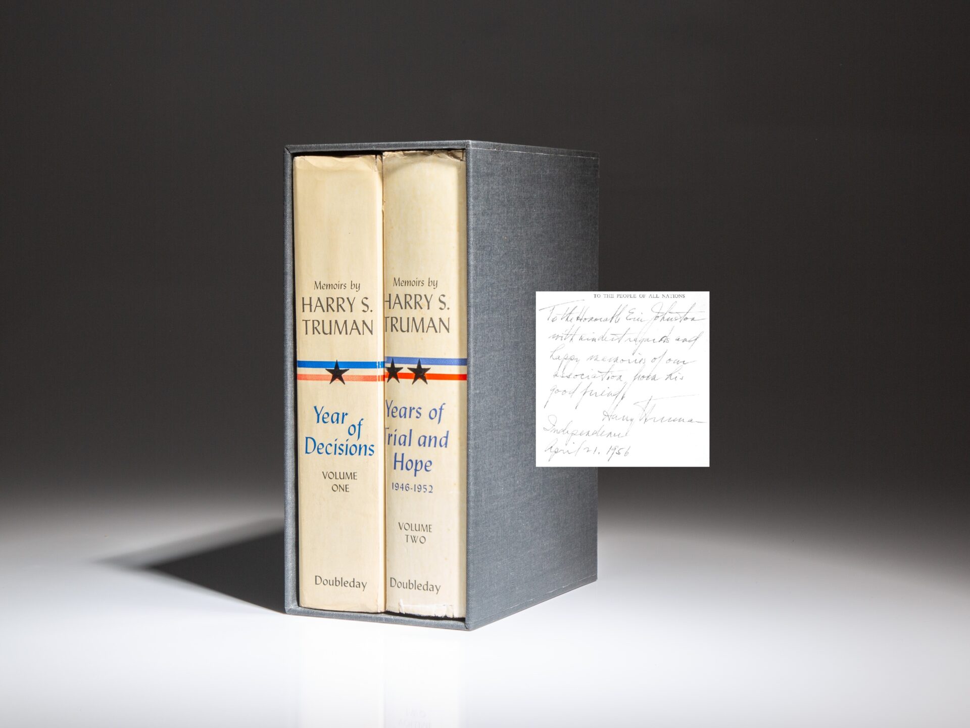 Signed first edition of Memoirs by Harry S. Truman, inscribed to the head of the MPAA, Eric Johnston.