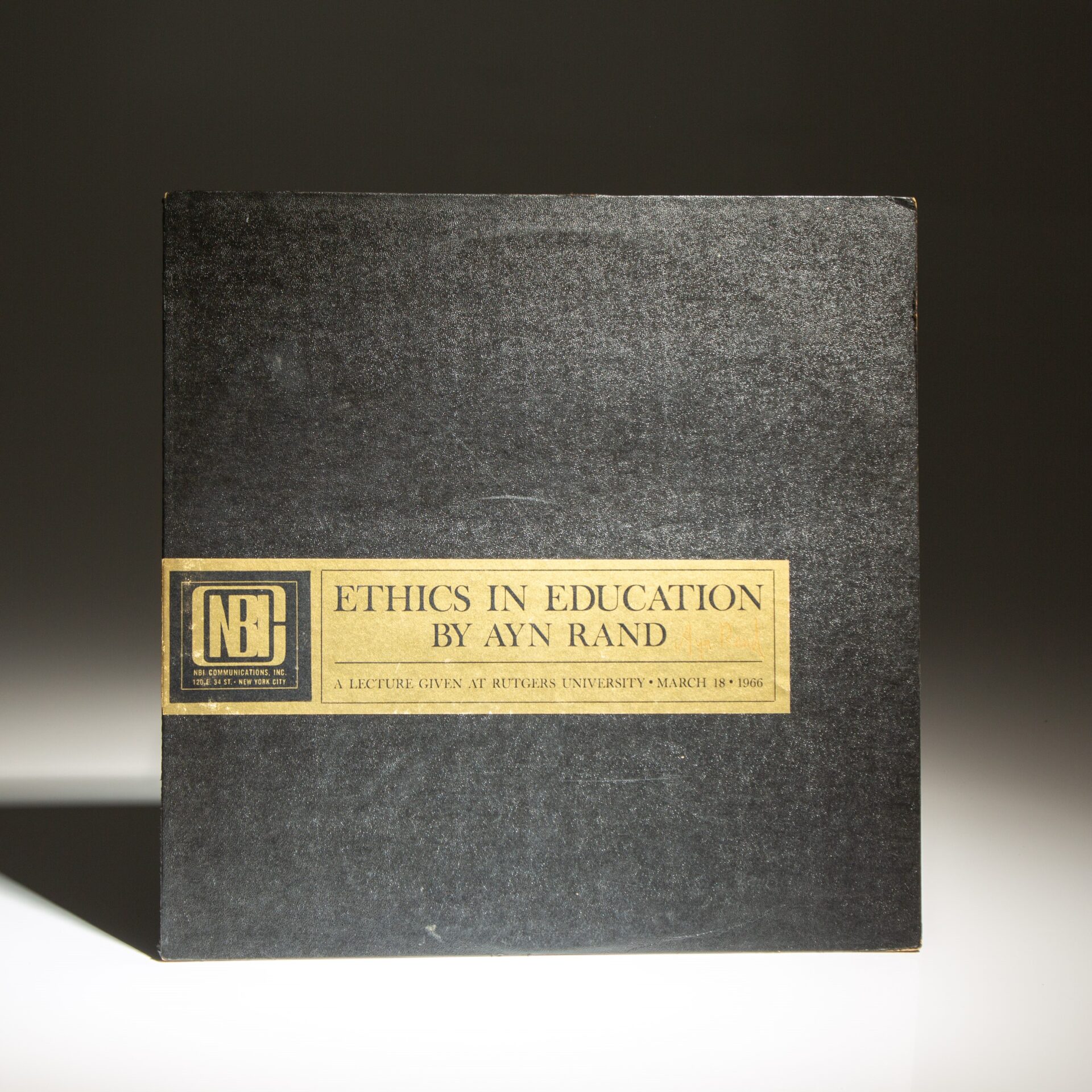 Ethics In Education Lecture by Ayn Rand, the LP vinyl record, signed by Ayn Rand on the front cover.