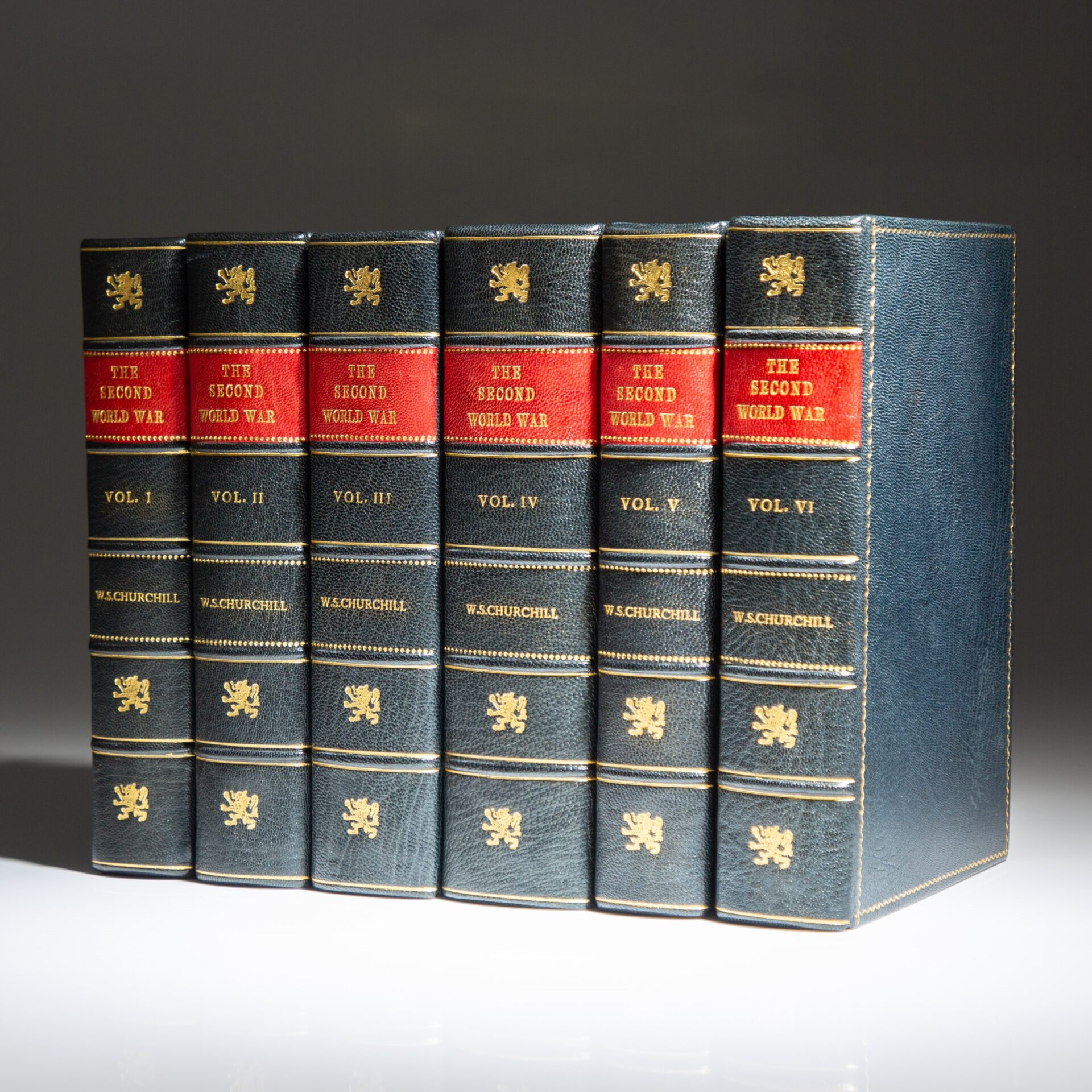 First English edition of The Second World War by Winston S. Churchill, in a decorative three-quarter leather binding.