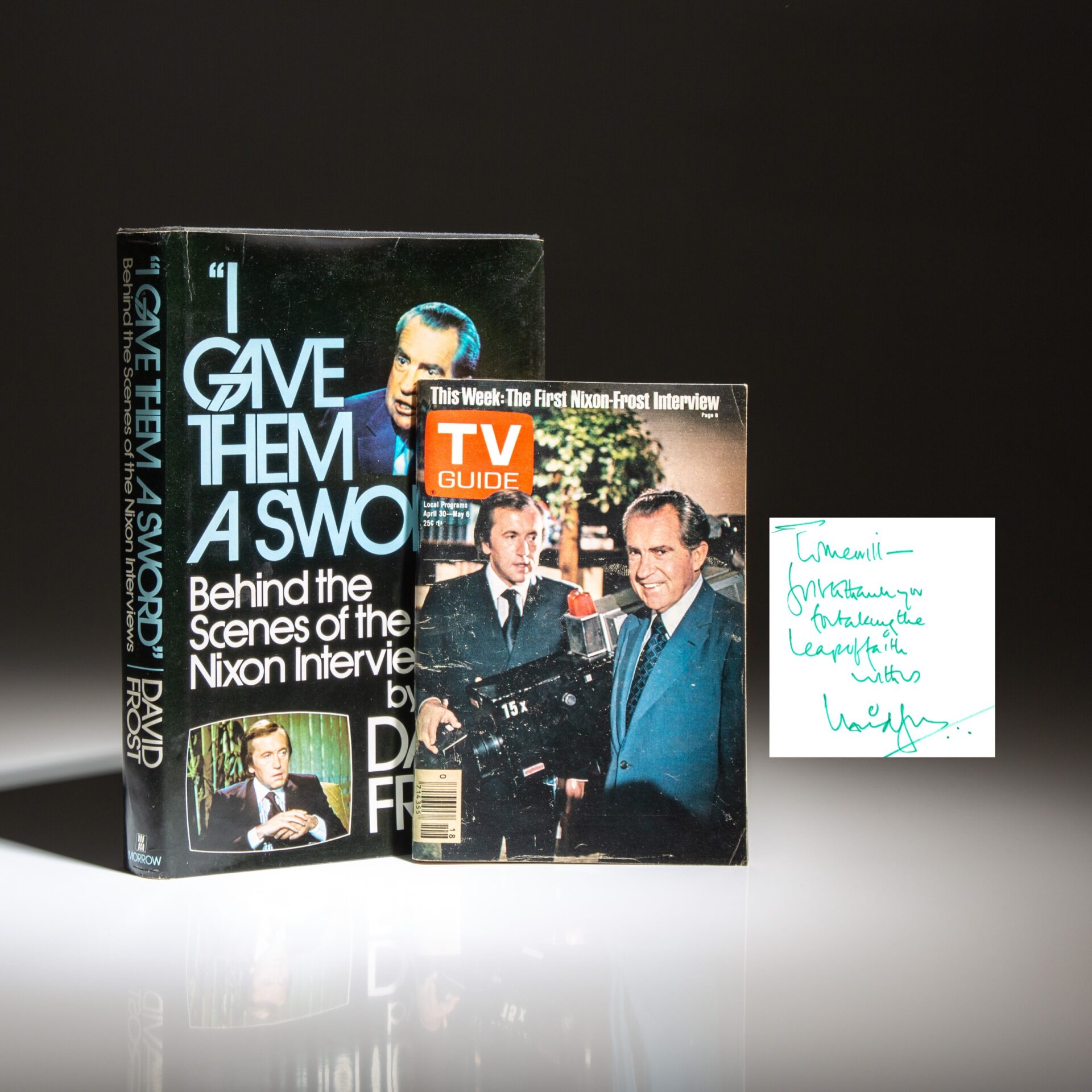 Signed first edition of "I Gave Them A Sword," inscribed by journalist David Frost to Merrill Panitt of TV Guide. Frost convinced Merrill to feature the Frost-Nixon Interview on the April 1977 cover of TV Guide.