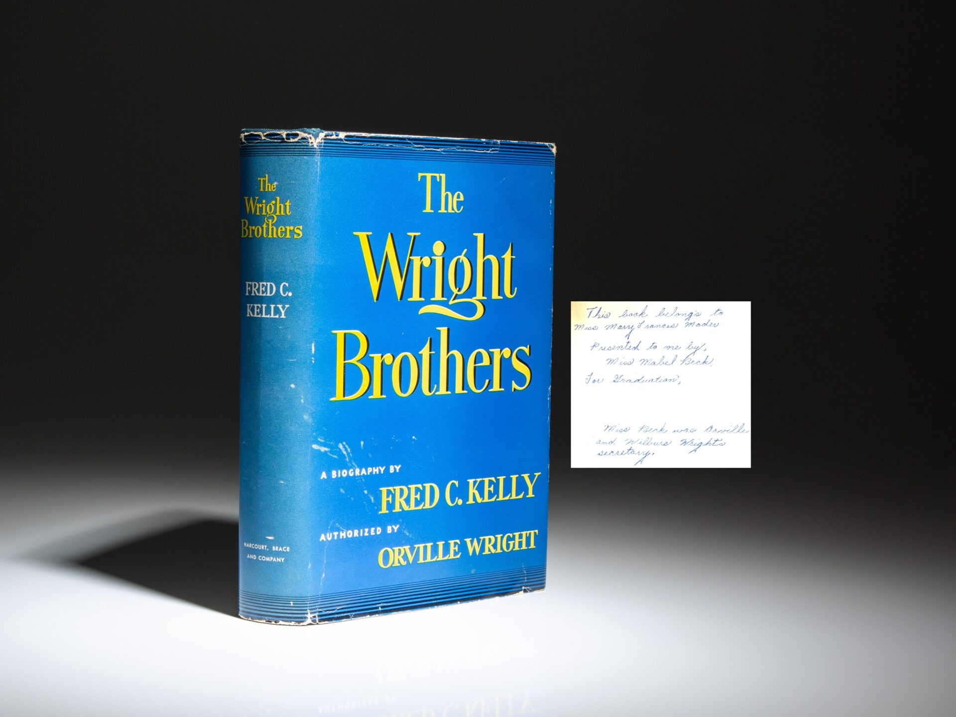 First edition of The Wright Brothers by Fred C. Kelly, a gift from Mabel Beck, the long-time secretary for the Wright Brothers.