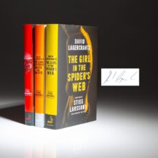 Signed first editions of the second "Millennium" trilogy by David Lagercrantz. This set includes The Girl in the Spider's Web, The Girl Who Takes an Eye for an Eye, and The Girl Who Lived Twice.