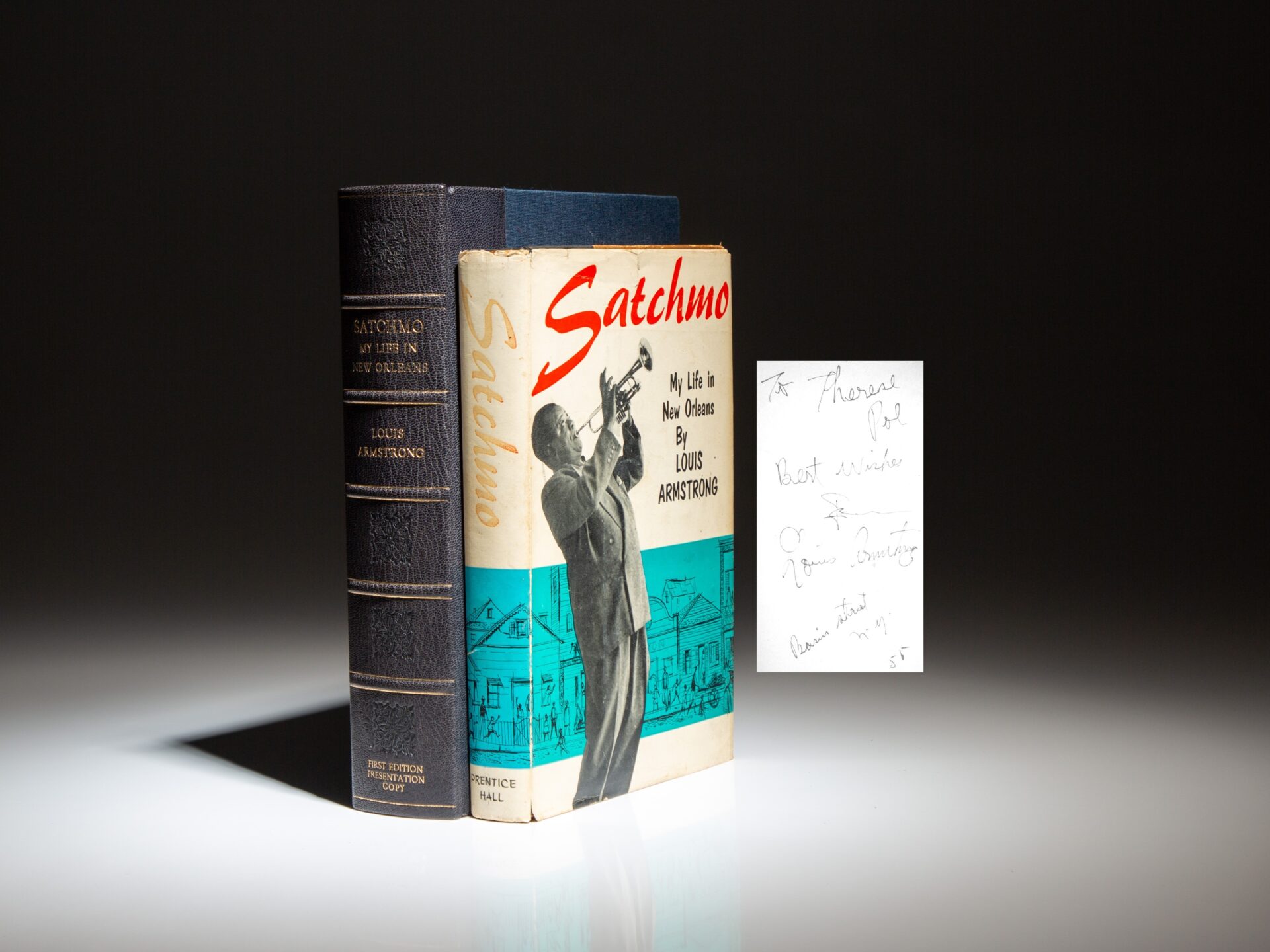 The author's copy of Satchmo: My Life in New Orleans by Louis Armstrong, a presentation copy from the publisher to "Satchmo," and inscribed by the author.