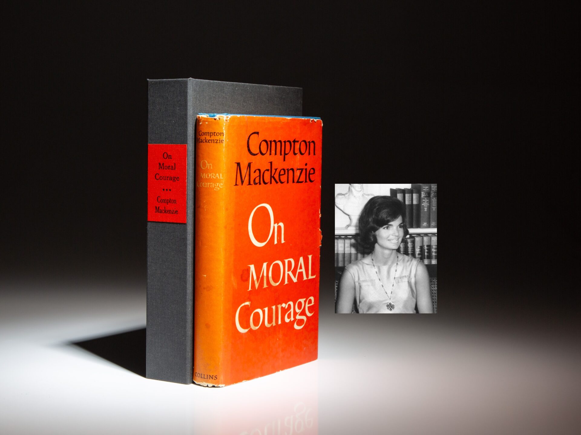 The first edition of On Moral Courage by Compton Mackenzie, from the library of First Lady Jackie Kennedy, with notes about her meeting with the de Gaulle family.