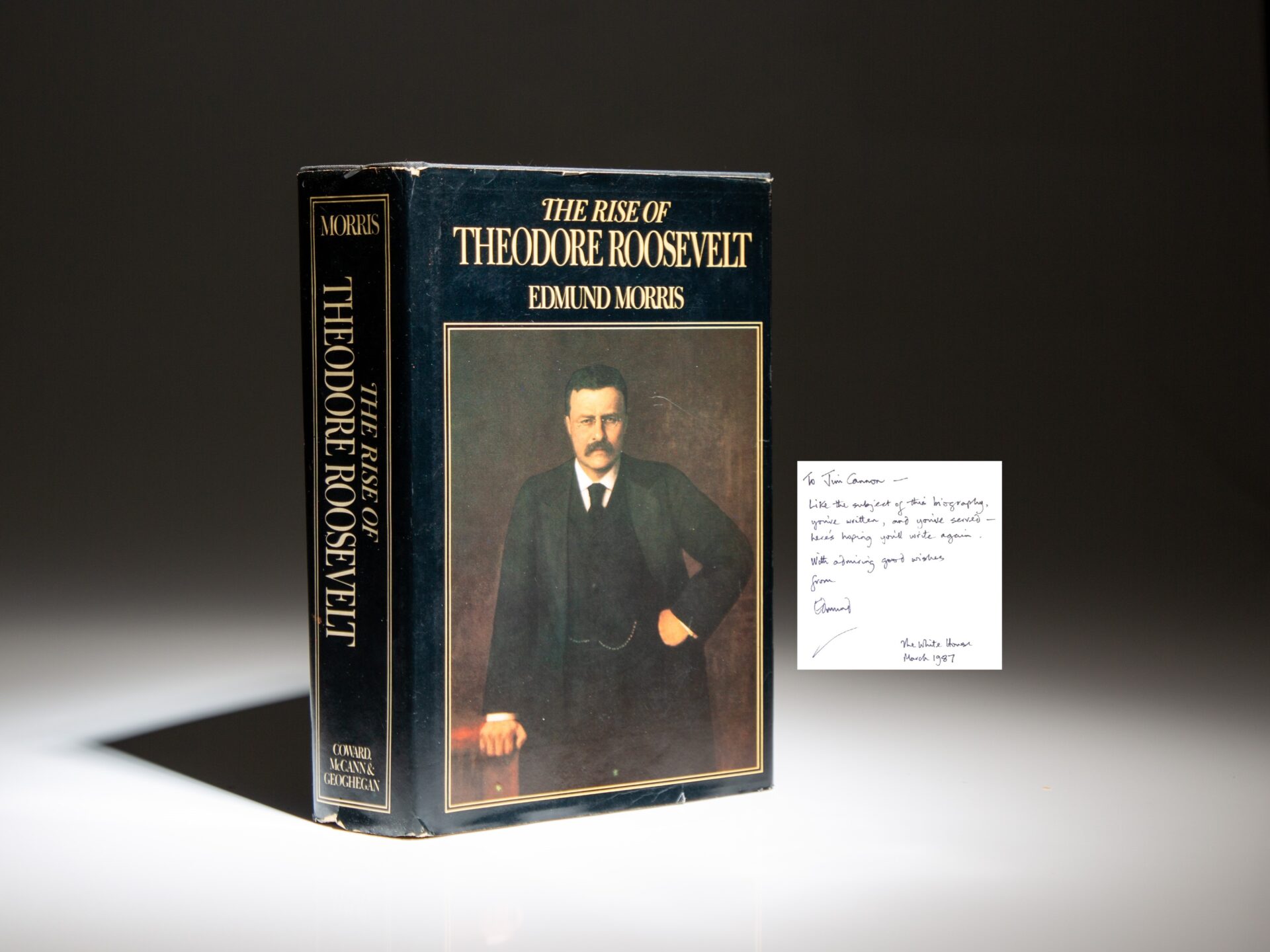 First edition of The Rise Of Theodore Roosevelt by Edmund Morris, inscribed by Reagan's official biographer, Morris, to President Ford's biographer, James M. Cannon.