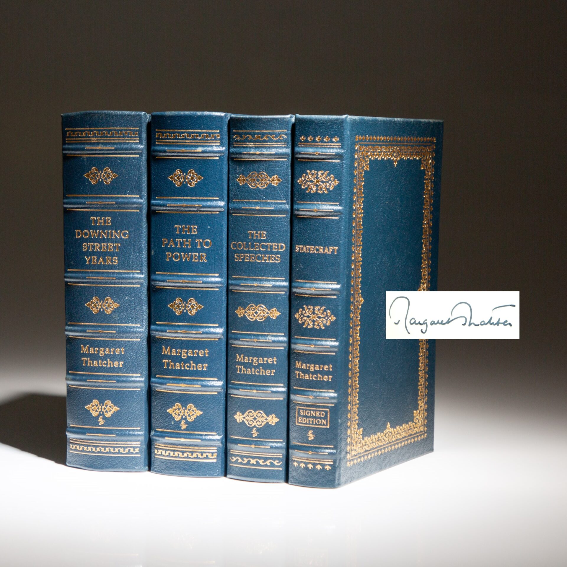 The signed limited edition of The Memoirs of Margaret Thatcher, published by The Easton Press from 1993-2002.