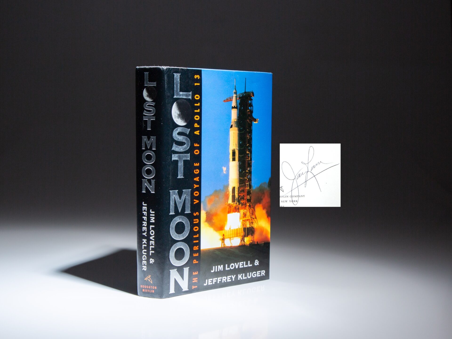 The first edition of Lost Moon: The Perilous Voyage Of Apollo 13, signed twice by Commander Jim Lovell.