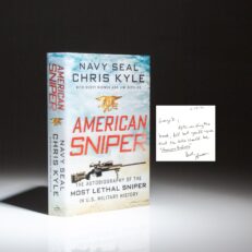 First edition of American Sniper: The Autobiography of the Most Lethal Sniper in U.S. Military History signed by Chris Kyle. From the library of fellow Texan, George P. Bush.