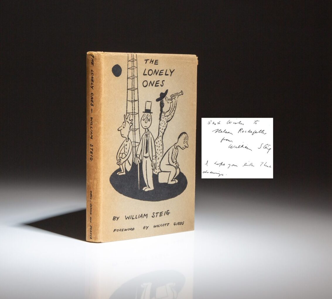 The first edition of The Lonely Ones by William Steig, inscribed by the author to Governor Nelson Rockefeller, an admirer of this illustrations.