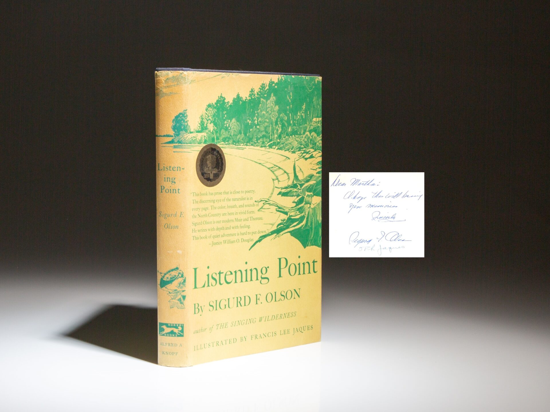 Signed first edition of Listening Point by Sigurd F. Olson, published in celebration of Minnesota's state centennial.