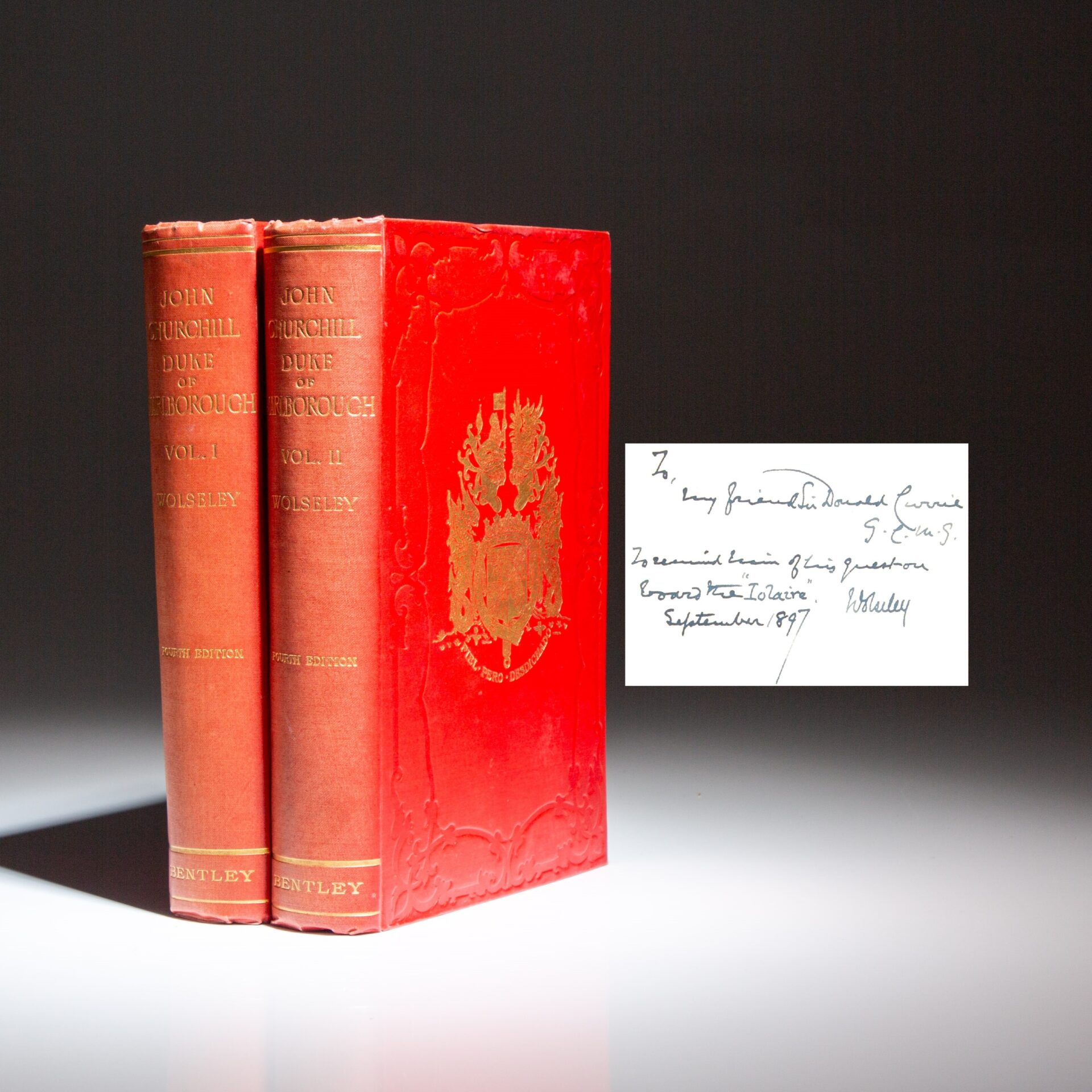 The Life of John Churchill: Duke of Marlborough by Field Marshal Garnet Wolseley, inscribed to Scottish ship owner and philanthropist, Sir Donald Currie.