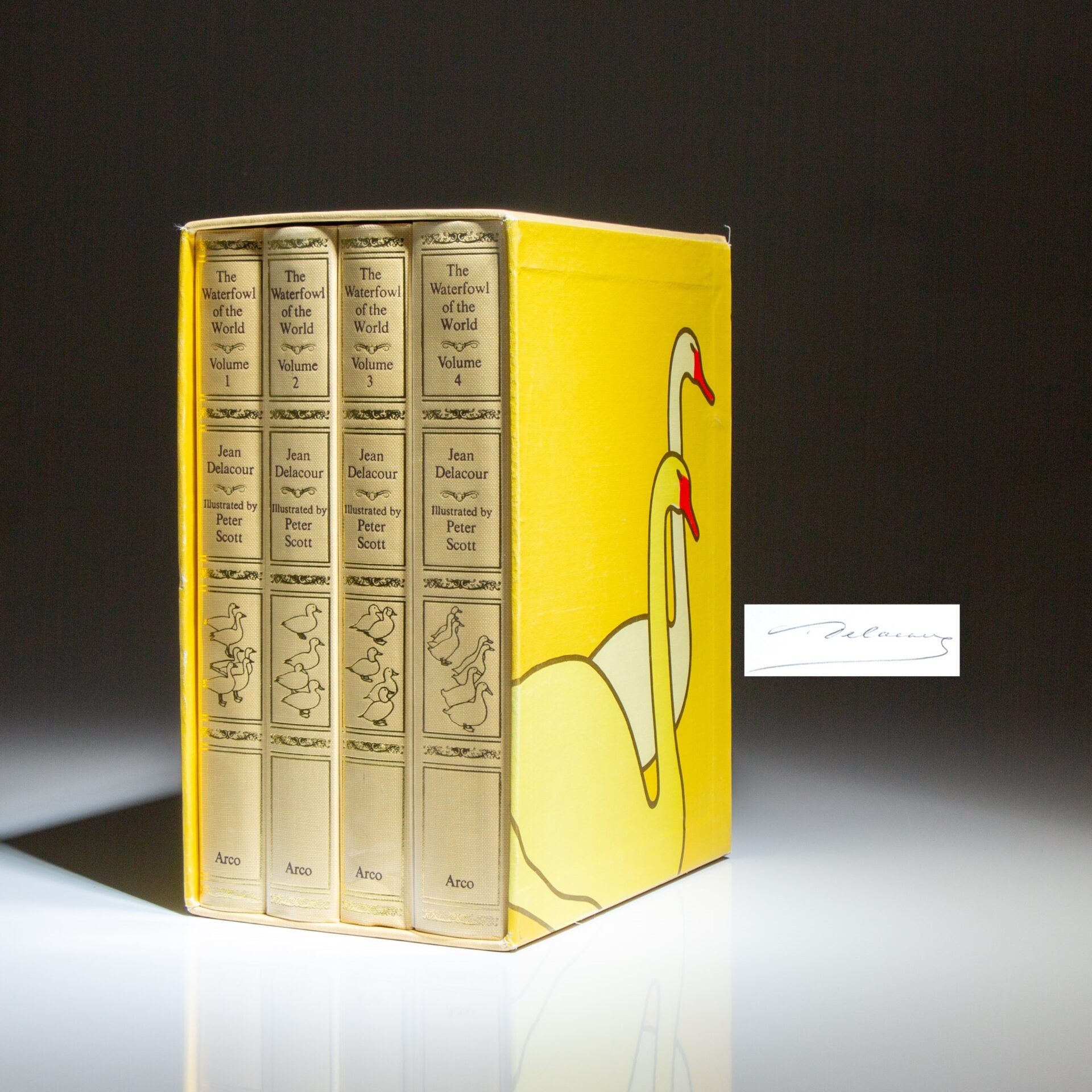 The Arco Press edition of The Waterfowl of the World, with each volume signed by the author, Jean Delacour.