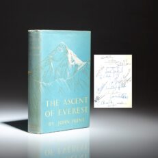First edition, first impression of The Ascent of Everest by John Hunt, signed by Sir Edmund Hillary, Reinhold Messner, Maurice Herzog, Jon Krakauer and 26 other mountaineers.