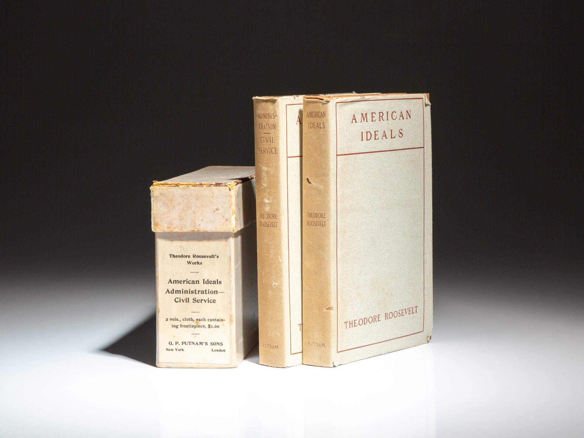 The two-volume set of American Ideals and Administration - Civil Service by Theodore Roosevelt, from the Sagamore Series, in a previously undocumented display box.