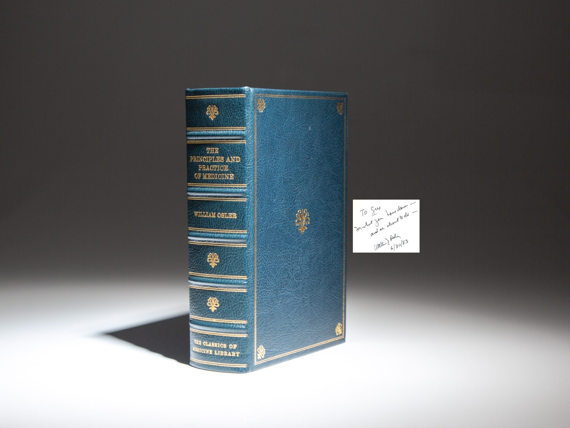 Presentation copy of the deluxe edition of The Principles and Practice of Medicine by William Osler. This copy was a gift from Walter J. Daly, Dean of the Indiana Department of Medicine, to August M. Watanabe, the department chair.