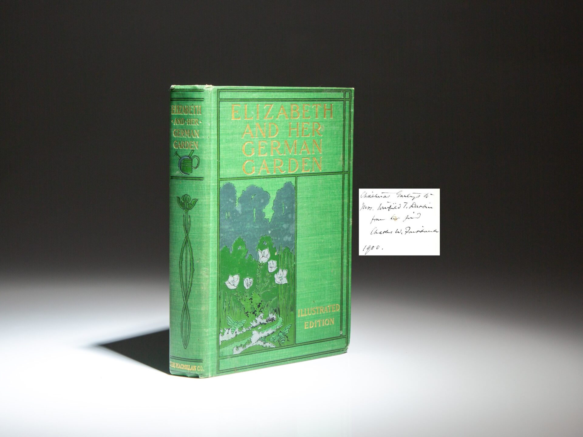 Presentation copy by Charles W. Fairbanks, then United States Senator from Indiana and future Vice President of the United States, to the First Lady of Indiana, Mrs. Winfield T. Durbin. This is the first illustrated edition of Elizabeth and Her German Garden by Elizabeth von Arnim.