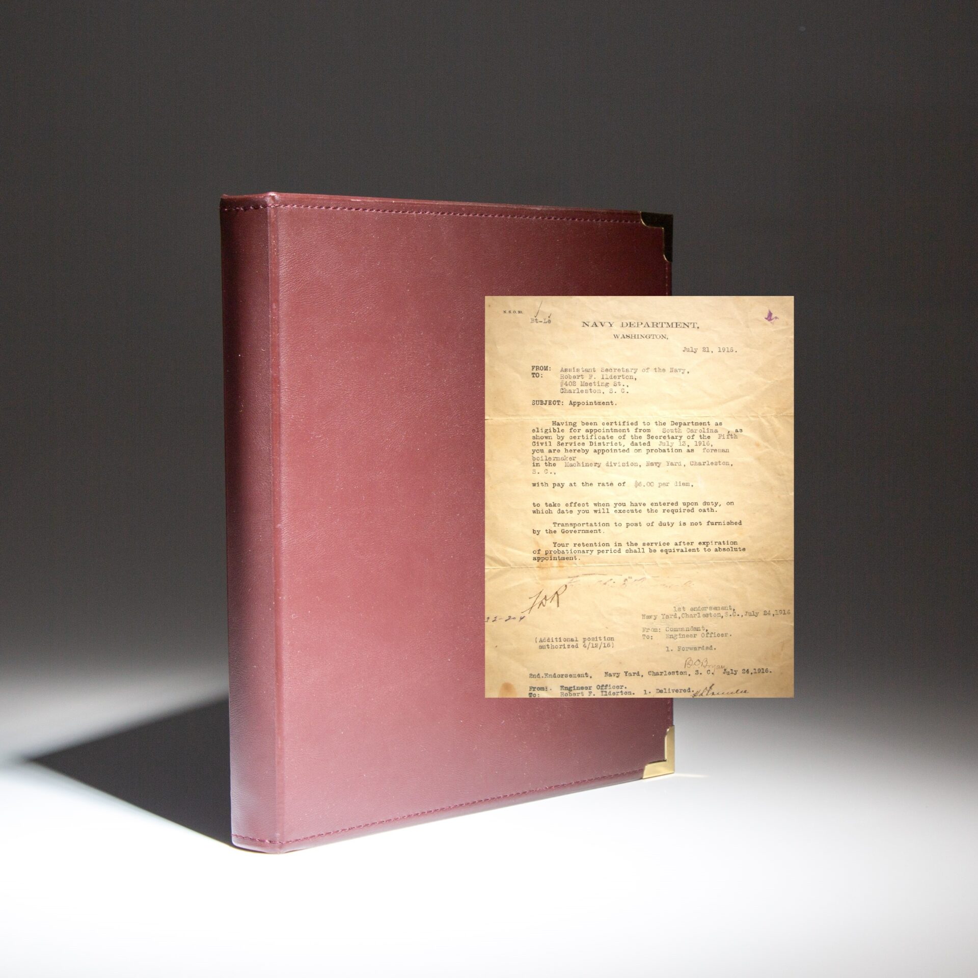 Collection of letters from the Charleston Navy Yard, including a signed appointment by Assistant Secretary of the Navy, Franklin D. Roosevelt. Includes a total of eleven letters to Robert F. Ilderton, Master Boilermaker at the Charleston Navy Yard.