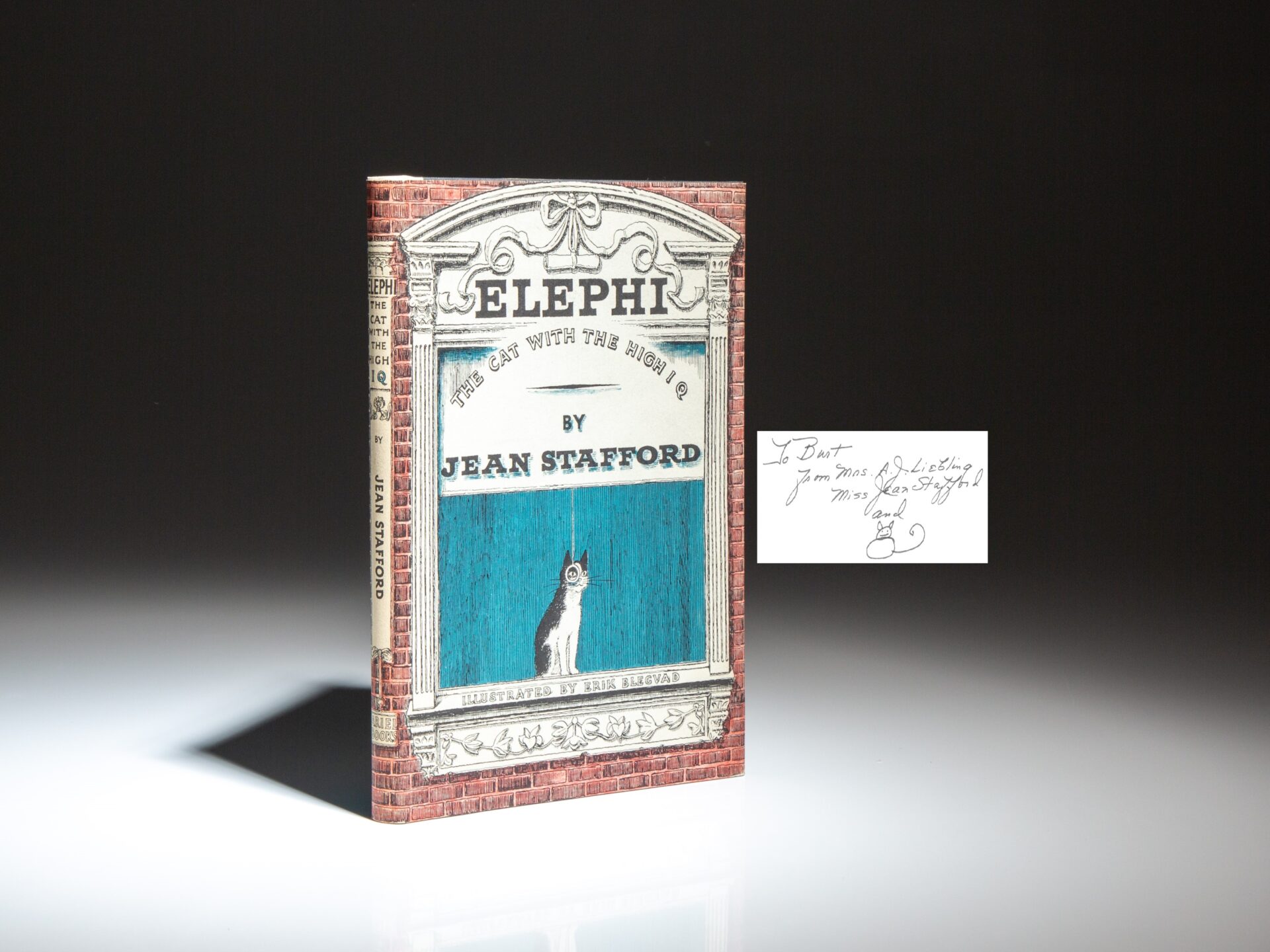 Signed first edition of Elephi: The Cat with the High IQ by Jean Stafford, with a hand-drawn cat illustration.